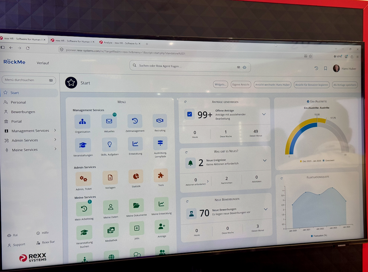 Bildschirmansicht der rexx HR-Software RockMe mit Startseite und HR-Kennzahlen, gezeigt auf der Zukunft Personal Europe 2026